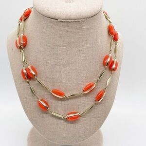 J Crew Long Orange Oblong Beads Gold Tone Oval Necklace Statement Costume Casual